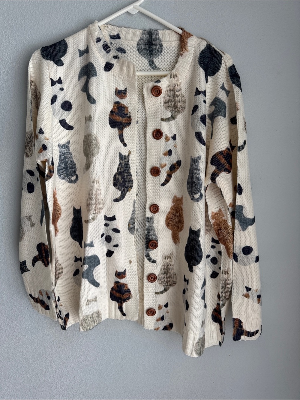 Cream Cat Print Button-Up Cardigan Sweater
